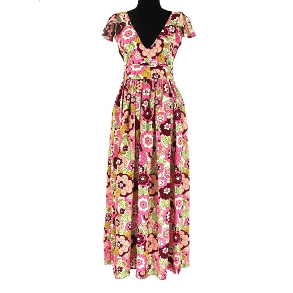Dodo Bar Or Jenny Bold Multicolor Floral Maxi Dress Sleeveless Ruffle Trim Large - Picture 2 of 9